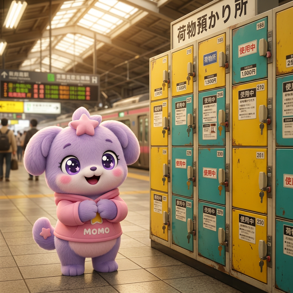 Rows of coin lockers at a Japanese train station