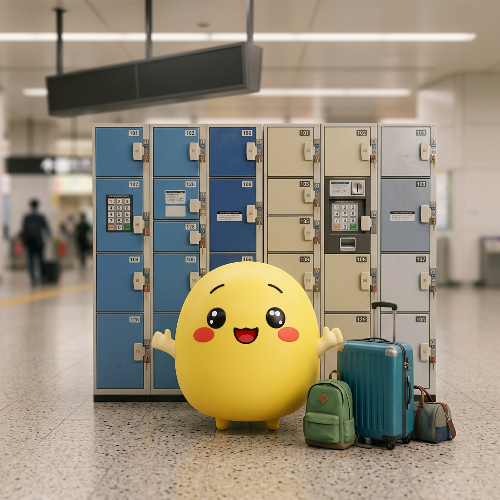 Traveler placing a suitcase into a coin locker