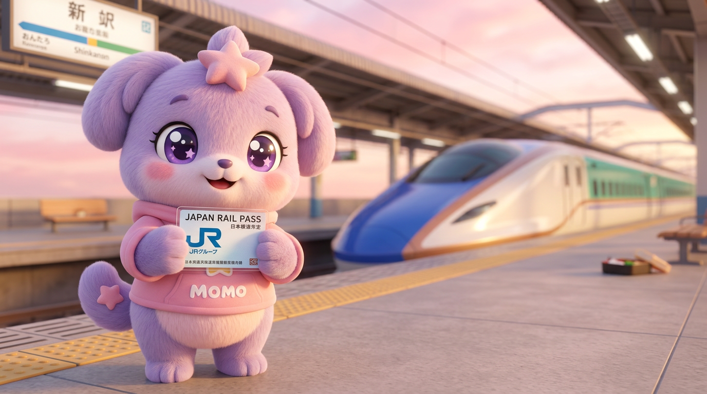 Momo mascot holding a Japan Rail Pass at a Shinkansen platform