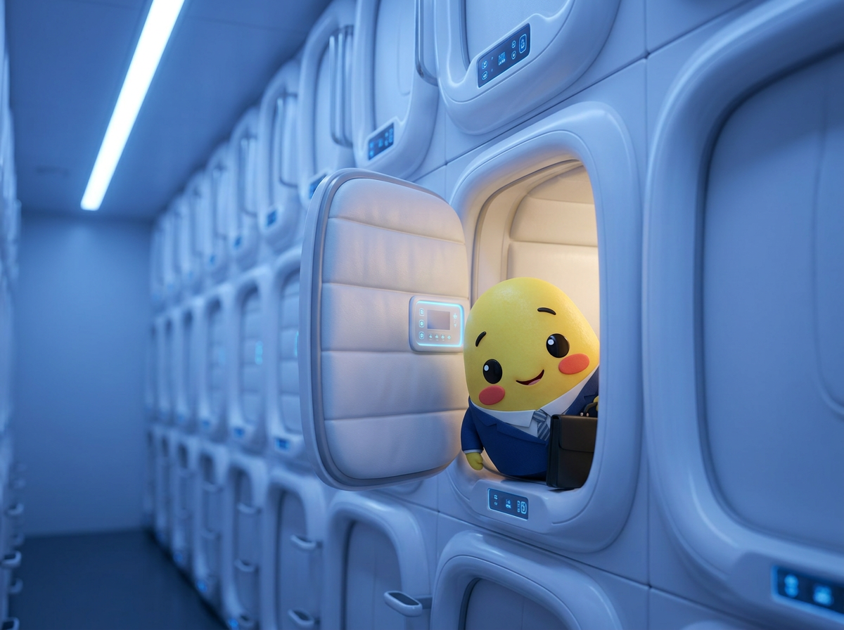 Momo peeking out from a capsule hotel pod in Japan