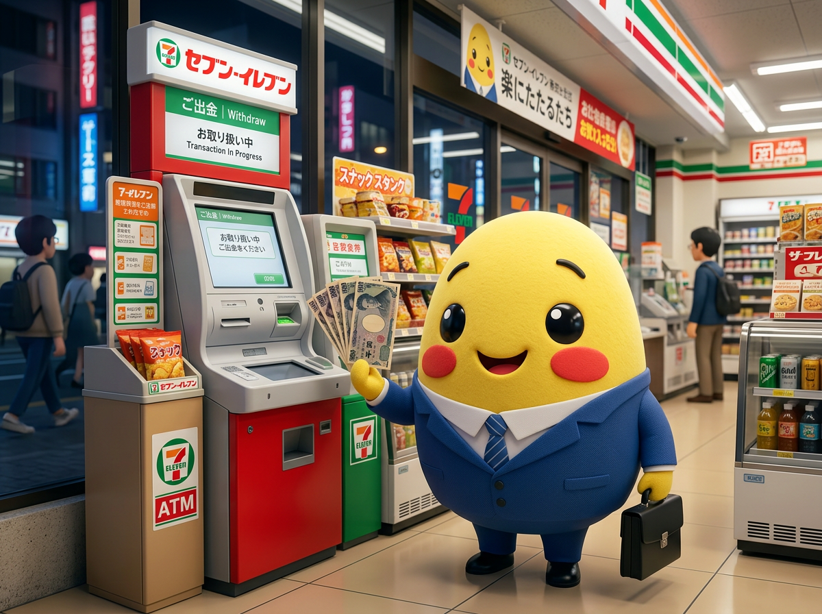 Momo holding yen beside a 7-Eleven ATM in Japan