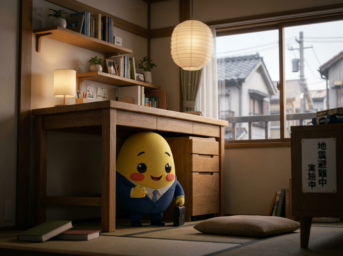 Momo sheltering under a desk during an earthquake drill in a Japanese room