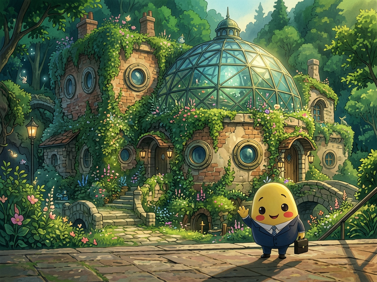 Momo in front of a whimsical ivy-covered Studio Ghibli style building