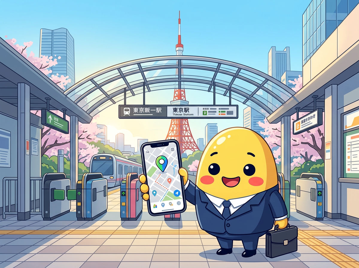Momo holding a smartphone with a map app at a Japanese train station entrance