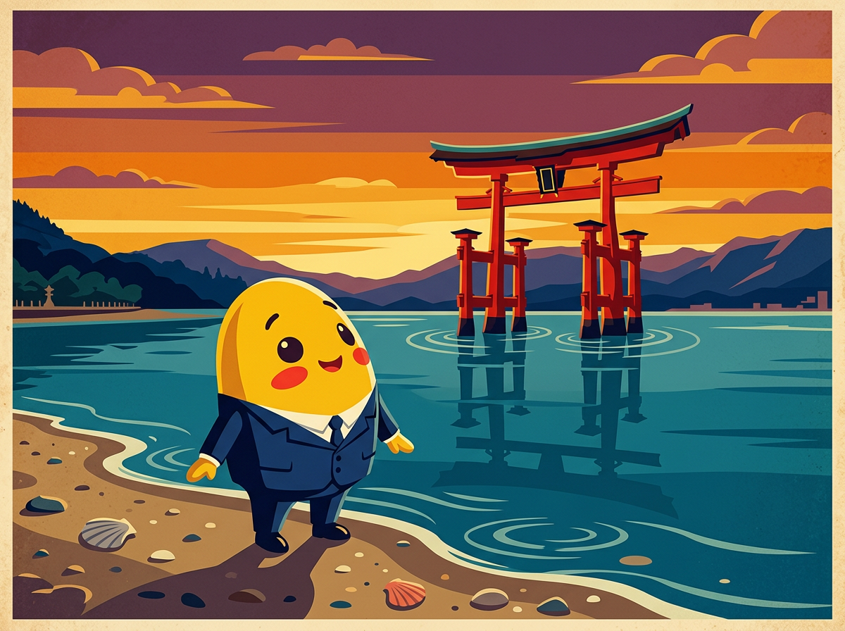 Momo on the shore of Miyajima with the floating red torii gate of Itsukushima at sunset