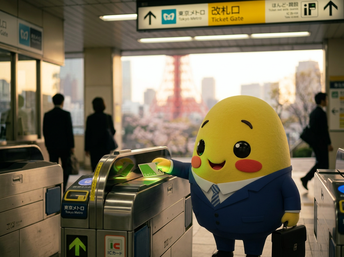 Momo tapping a Suica card at a Tokyo Metro gate