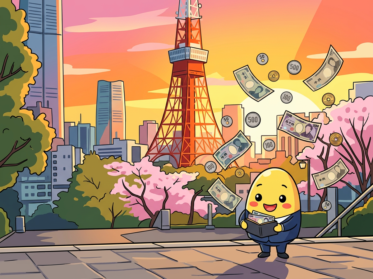 Momo holding a wallet with yen banknotes floating around in front of Tokyo Tower