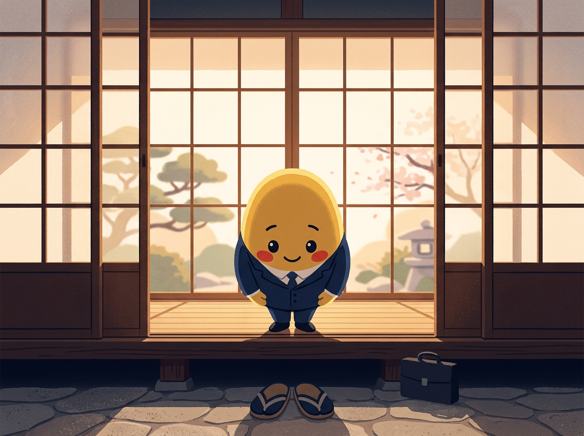 Momo bowing politely in front of a traditional Japanese sliding shoji door