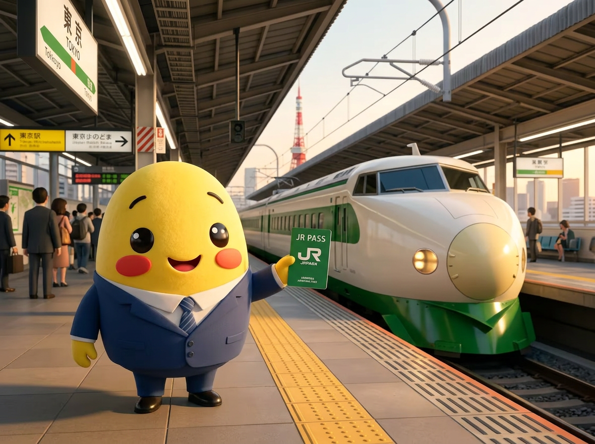 Momo holding a JR Pass on a station platform beside a Shinkansen