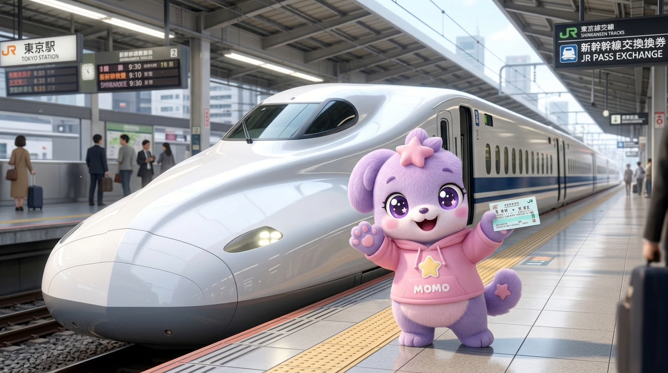 Momo holding a JR Pass on a station platform beside a Shinkansen