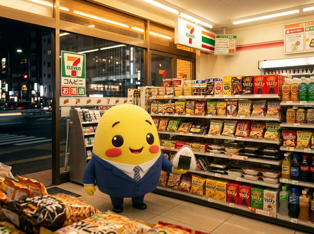 Momo inside a Japanese 7-Eleven holding an onigiri