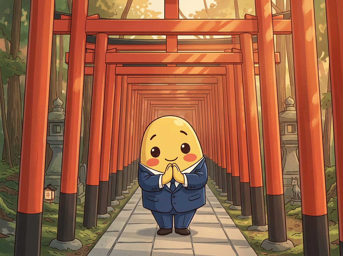 Momo standing in the red torii gate tunnel at Fushimi Inari shrine in Kyoto