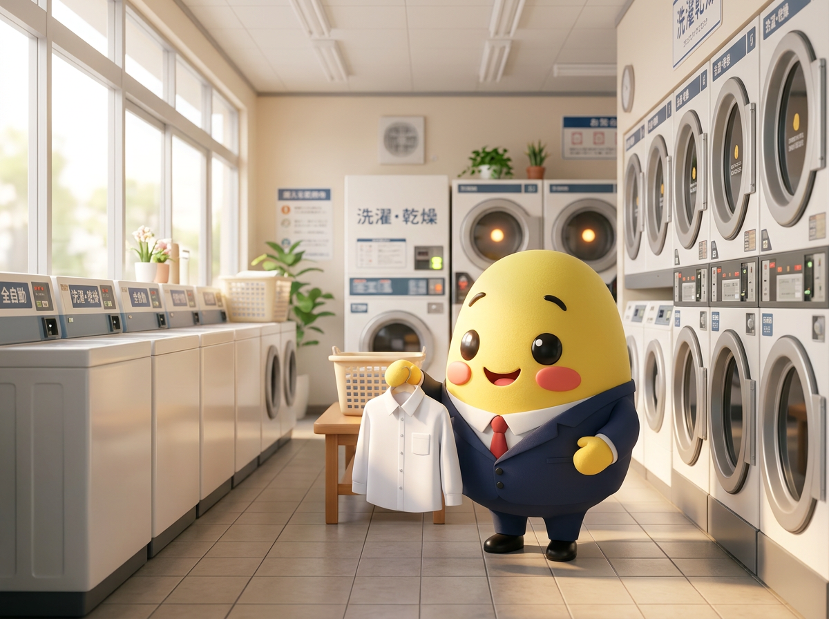 Momo holding a shirt in a bright Japanese coin laundromat