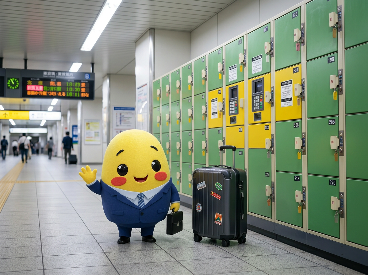 Momo with a suitcase standing beside Japanese station coin lockers