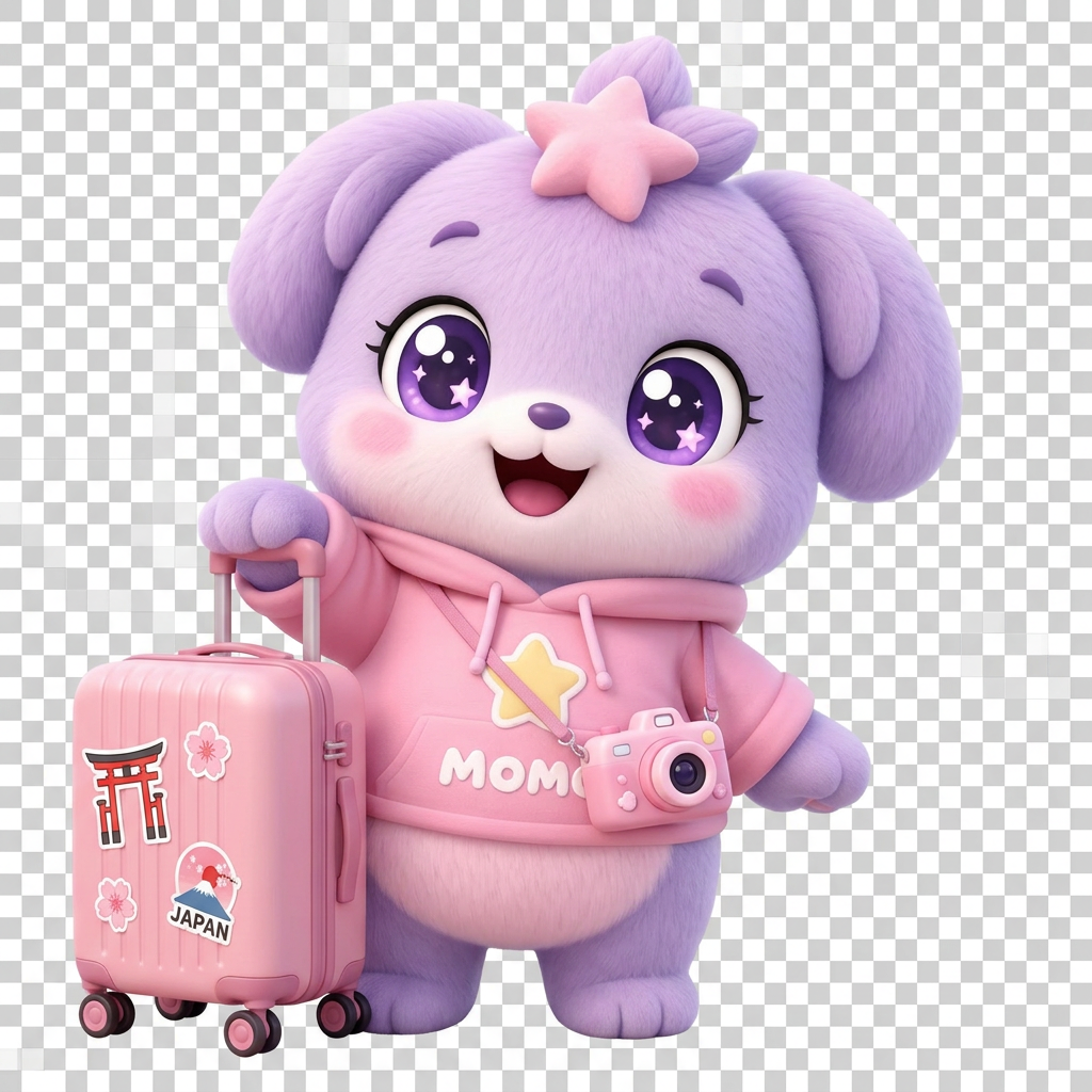 KidzJapan mascot Momo with luggage