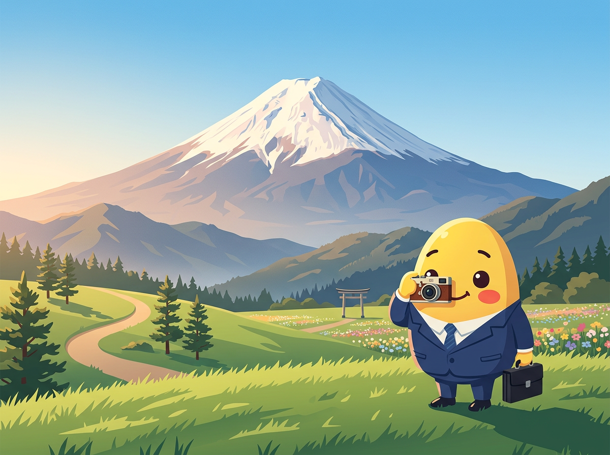 Momo taking a photo of Mount Fuji from a grassy viewpoint