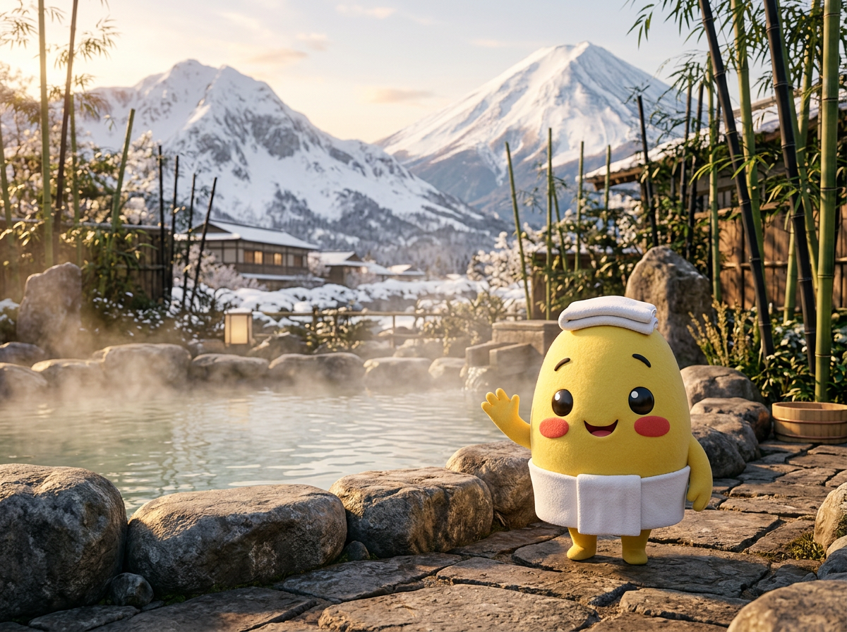 Momo in an outdoor onsen setting with towel and snowy mountains