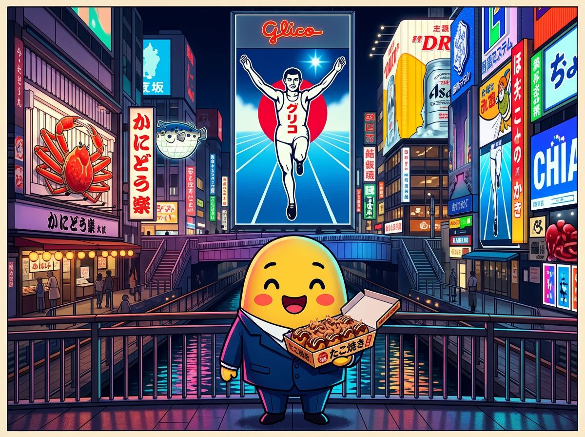 Momo holding a takoyaki box on Dotonbori bridge with neon signs behind them