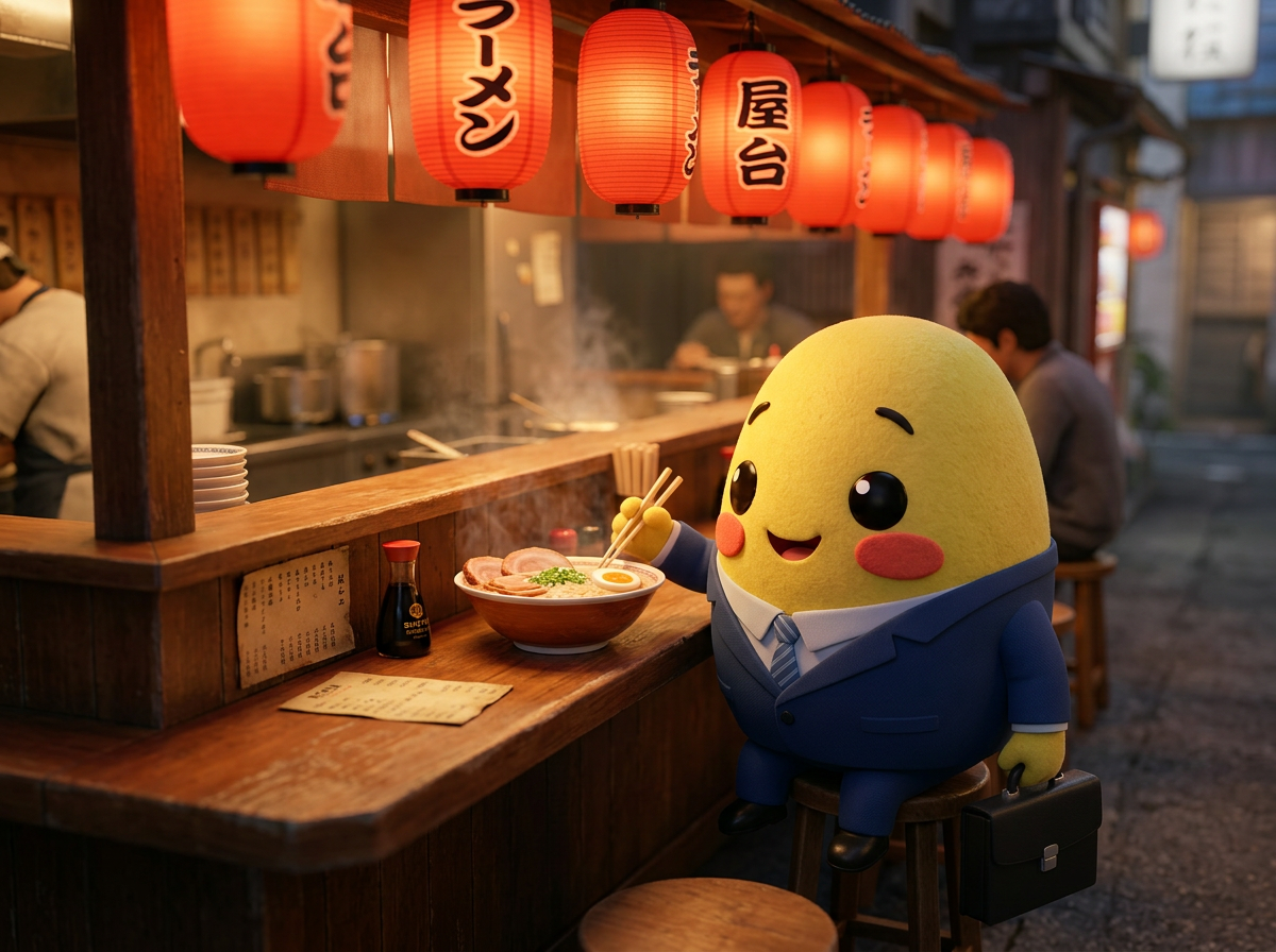 Momo eating ramen at a lantern-lit ramen counter in Japan