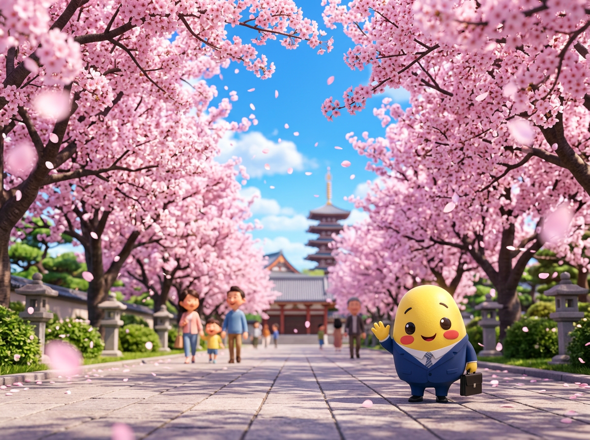 Momo under pink cherry blossoms on a temple path in Japan