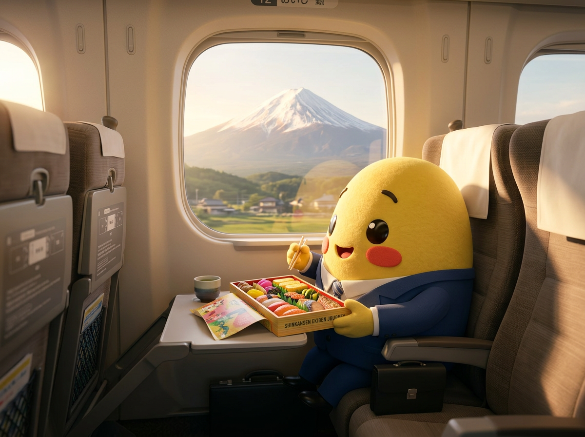 Momo eating an ekiben on a Shinkansen with Mount Fuji outside