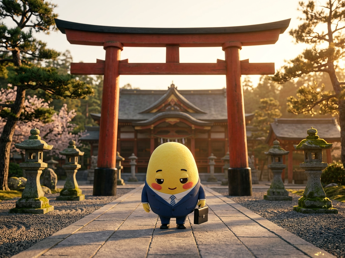 Momo bowing politely beneath a large torii gate at a shrine