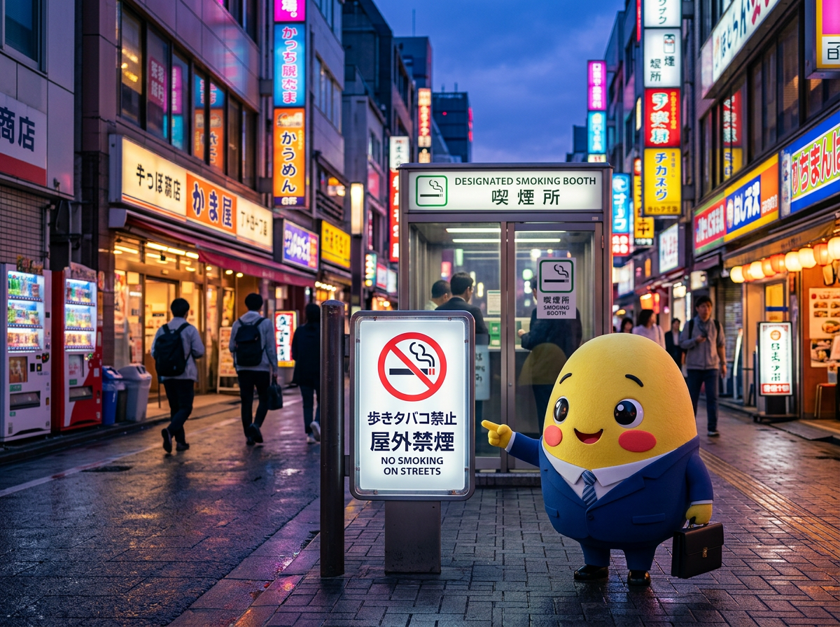 Momo pointing to a no smoking on streets sign beside a designated booth in Tokyo