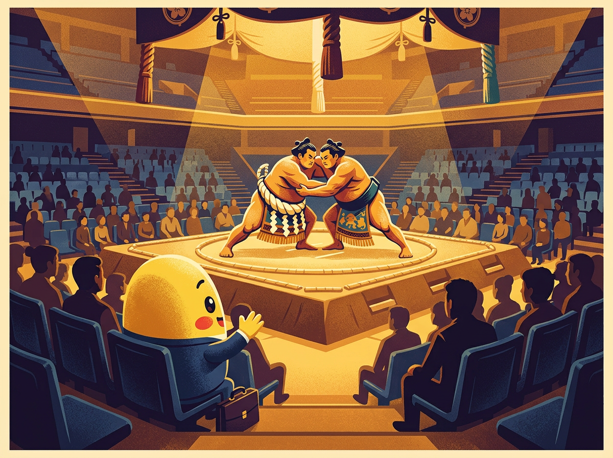 Momo sitting in the audience watching two sumo wrestlers face off in the ring