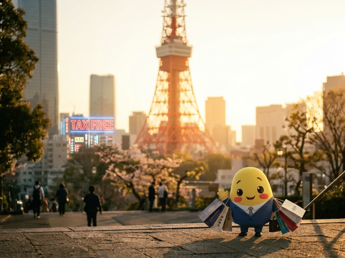 Momo carrying shopping bags with a tax free sign in Tokyo