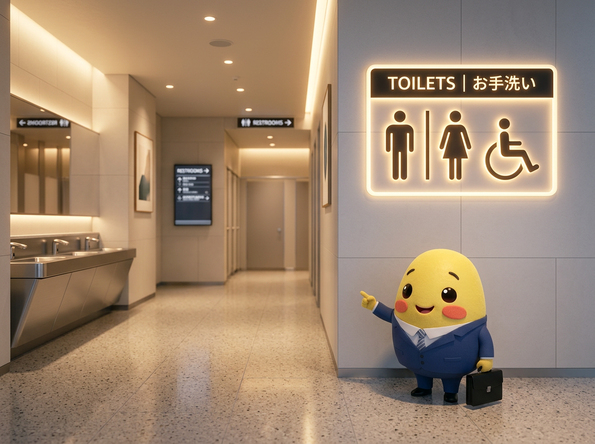 Momo pointing to a glowing restroom sign in a modern Japanese station