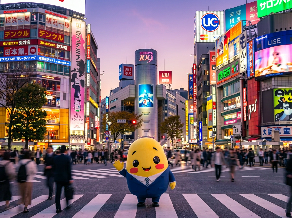 Momo waving at the Shibuya scramble crossing under glowing neon billboards