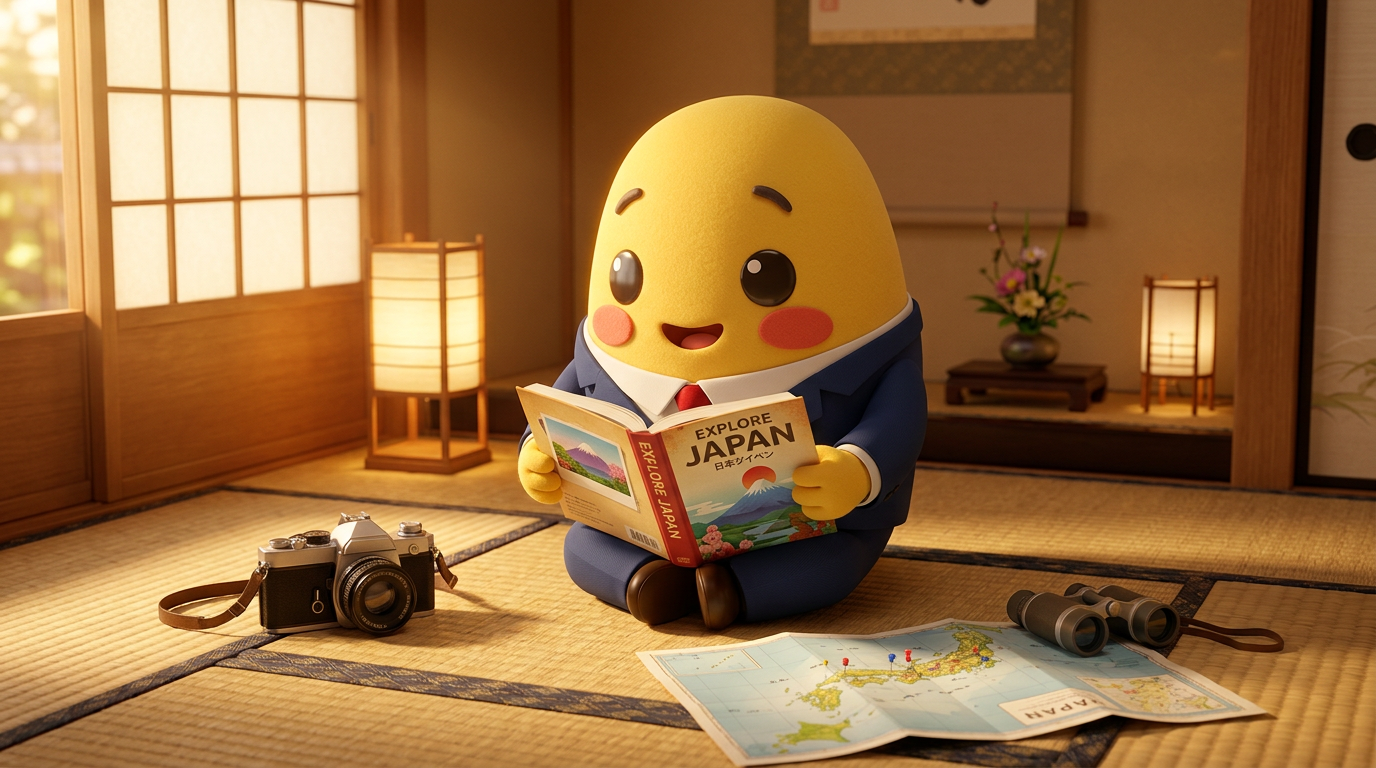 Open travel guide of Japan with map and camera