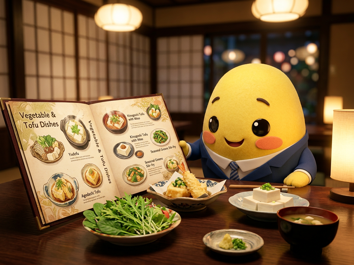 Momo reading a vegetarian menu with tofu dishes in a Japanese restaurant