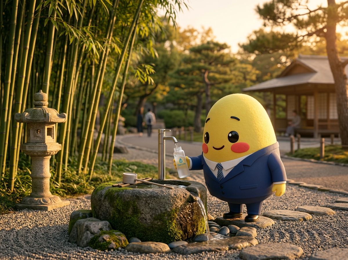 Momo refilling a water bottle at a Japanese stone fountain