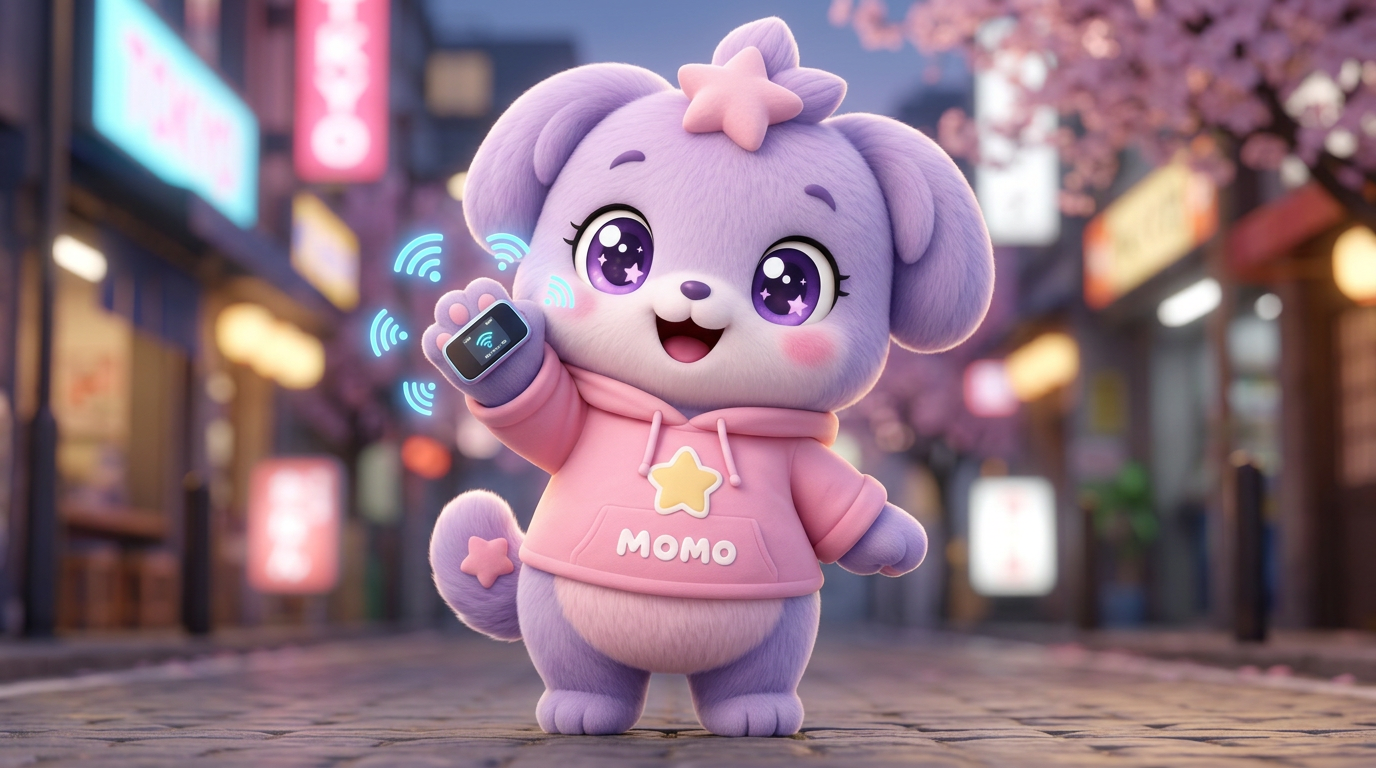 Momo using a phone with a wifi icon in a cozy Japanese cafe